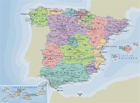 map of spain with cities and regions|Large detailed map of Spain with cities and towns.
